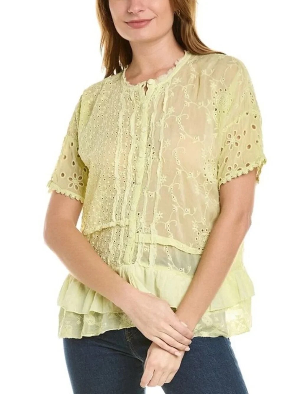 Johnny Was Hyacinth Blouse Size Medium Yellow Crochet Eyelet Tiered Cottagecore